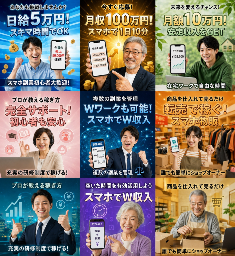株式会社smileの「ちょこスマ」や「みんなのハッピーワーク」からLINEで送られてくる副業案内例